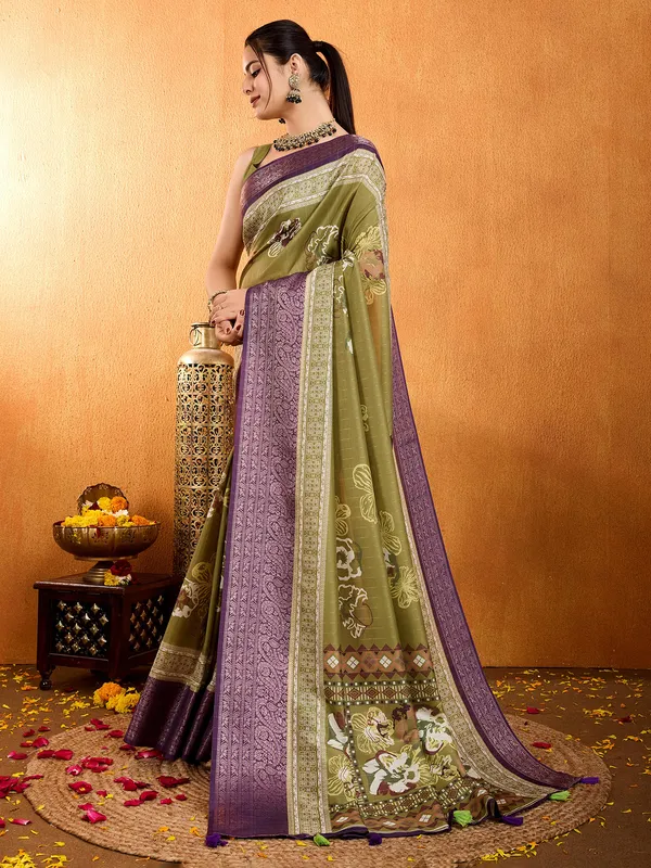 Pastel olive crepe silk saree in digital printed