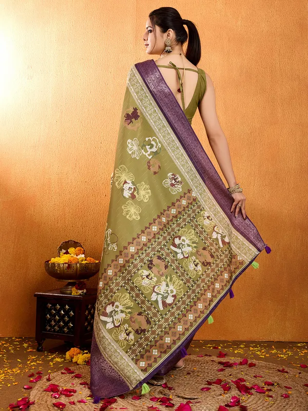 Pastel olive crepe silk saree in digital printed