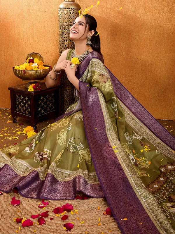 Pastel olive crepe silk saree in digital printed