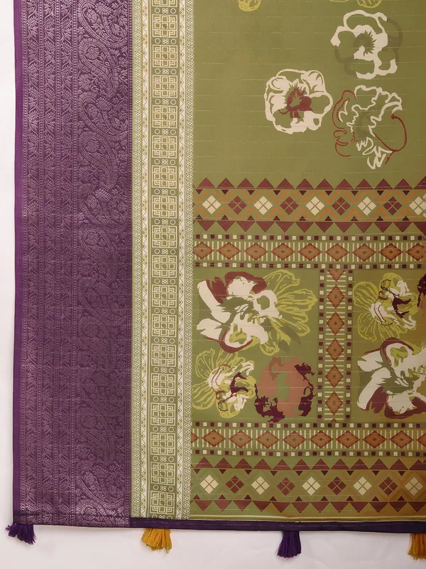Pastel olive crepe silk saree in digital printed