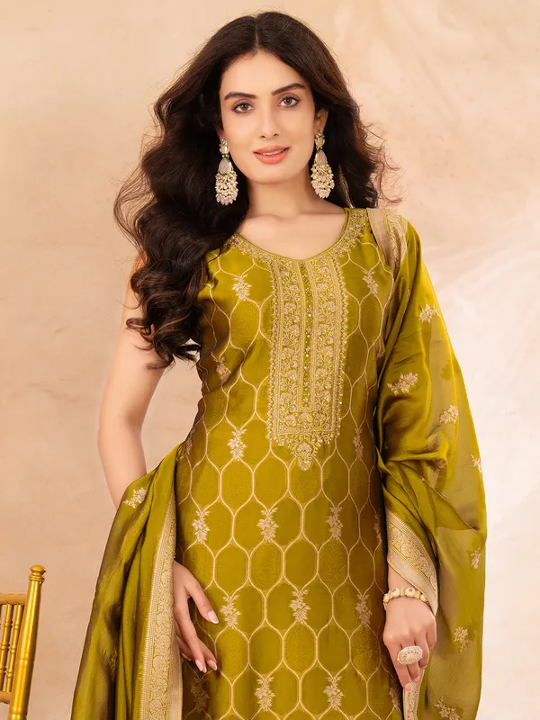 Pastel olive glow silk festive salwar suit