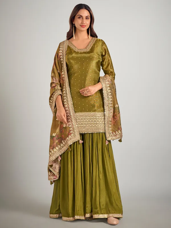 Pastel olive pakistani silk palazzo suit