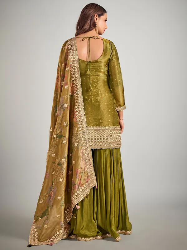Pastel olive pakistani silk palazzo suit