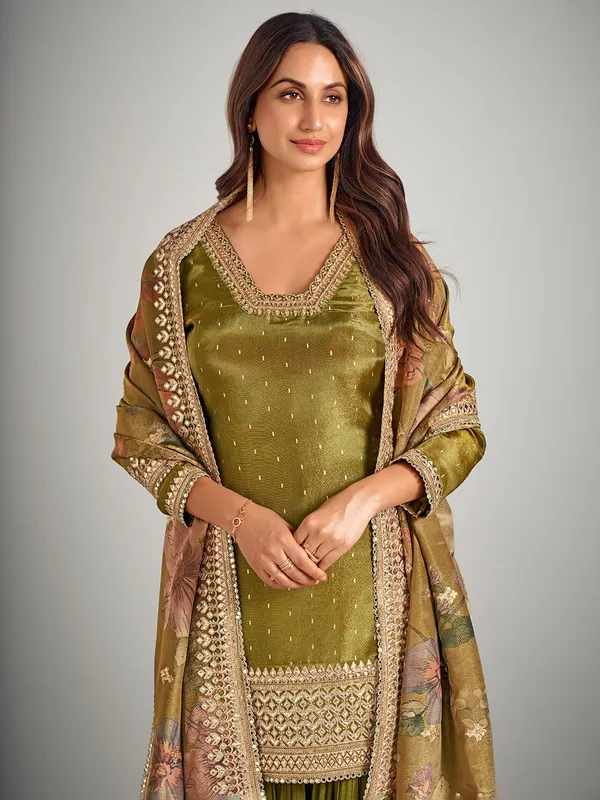 Pastel olive pakistani silk palazzo suit