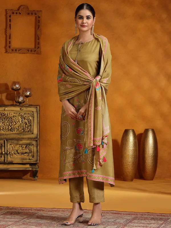 Pastel olive printed kurti set with dupatta