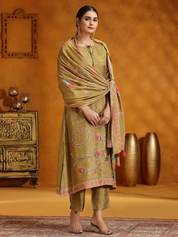 Pastel olive printed kurti set with dupatta