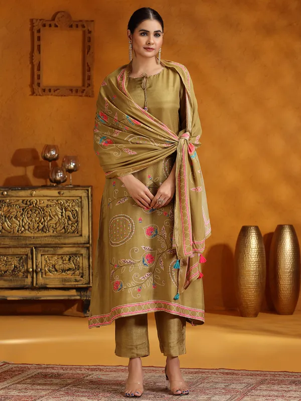 Pastel olive printed kurti set with dupatta