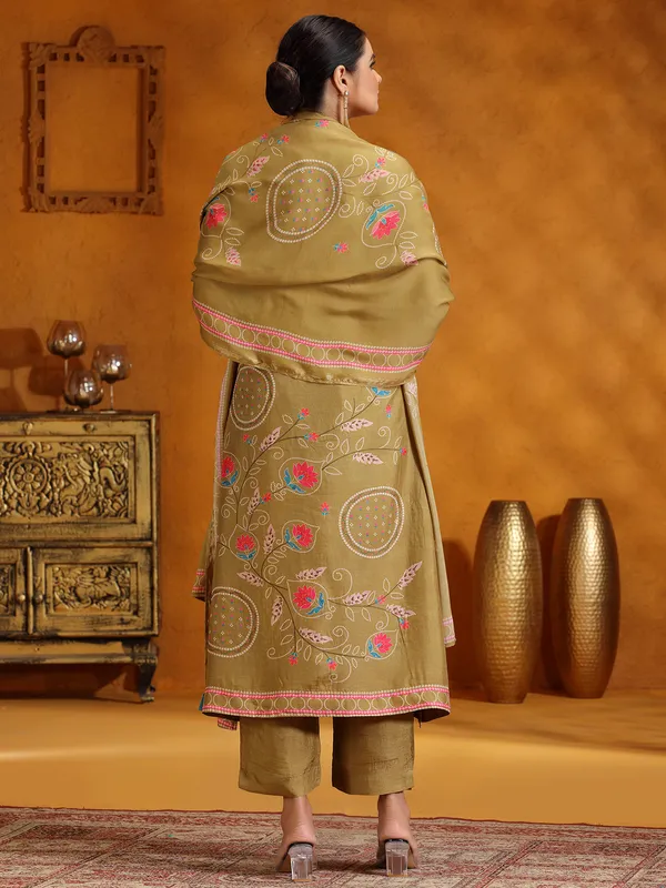 Pastel olive printed kurti set with dupatta