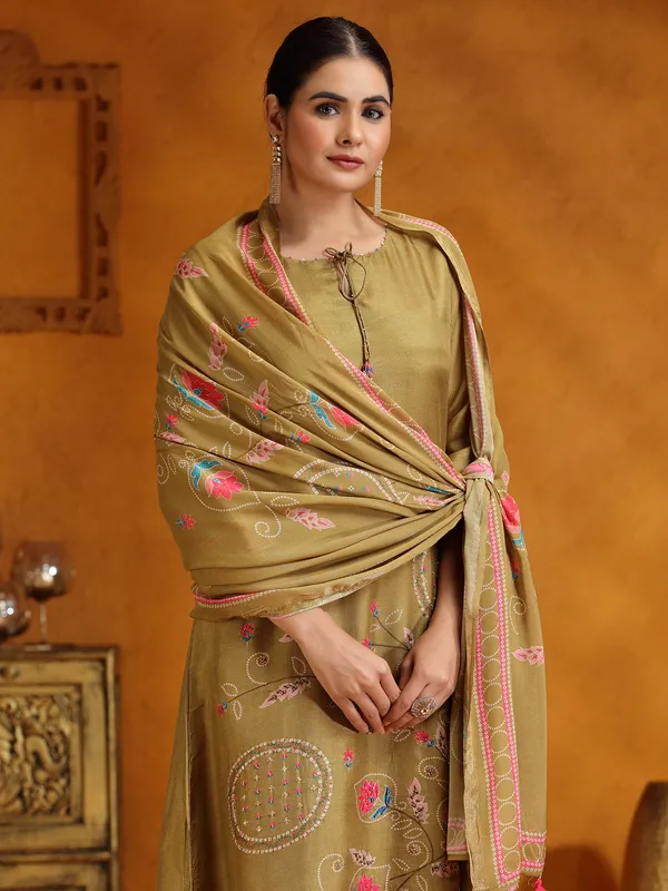 Pastel olive printed kurti set with dupatta