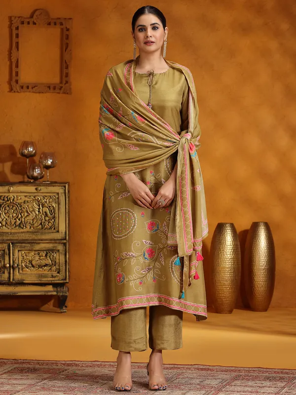 Pastel olive printed kurti set with dupatta