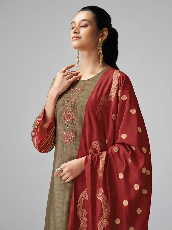 Pastel olive printed tusser silk salwar suit