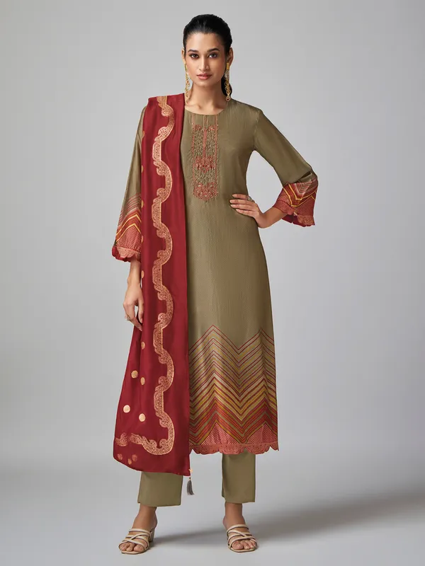 Pastel olive printed tusser silk salwar suit