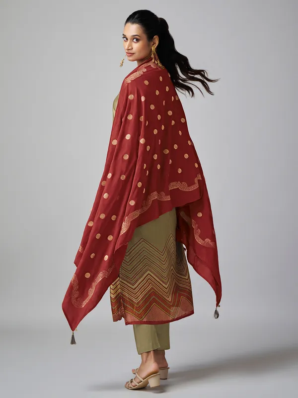 Pastel olive printed tusser silk salwar suit