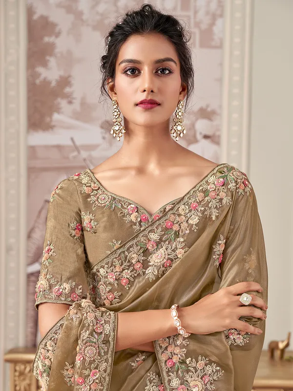 Pastel olive saree with zardosi detailing