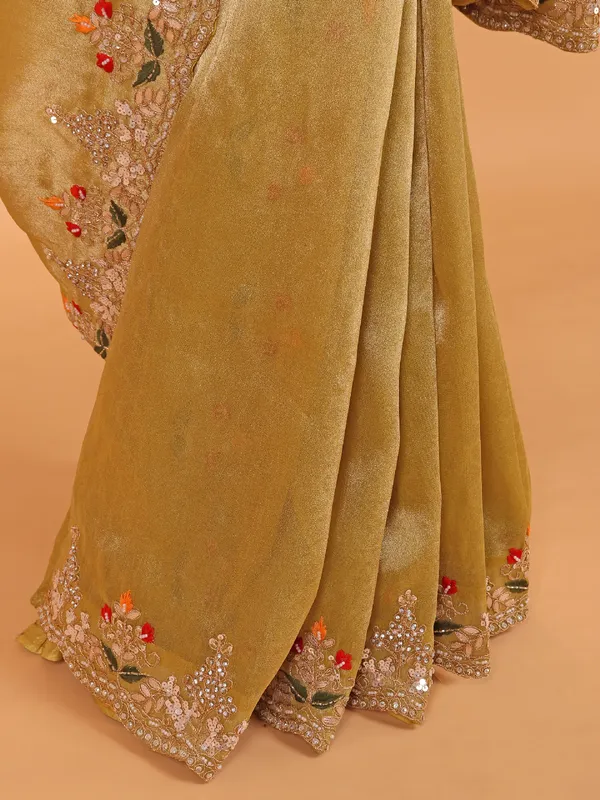 Pastel olive shimmer tissue silk saree for wedding