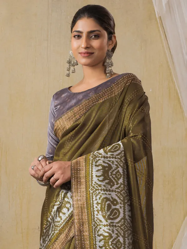Pastel olive shynthetics printed saree for festive