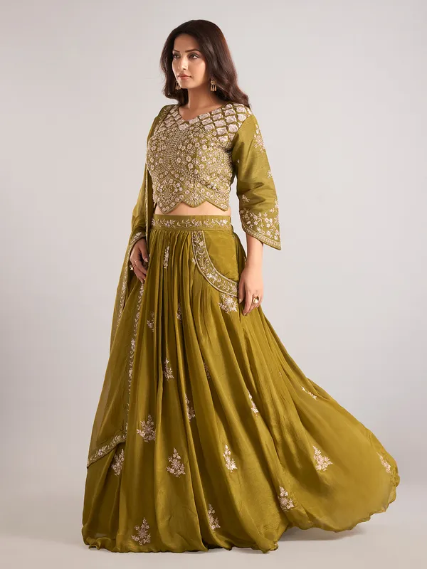 Pastel olive silk pakistani lehenga choli with dupatta