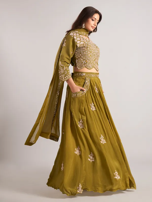 Pastel olive silk pakistani lehenga choli with dupatta