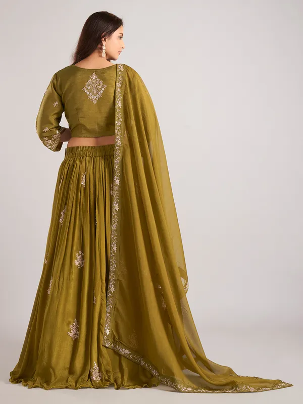 Pastel olive silk pakistani lehenga choli with dupatta