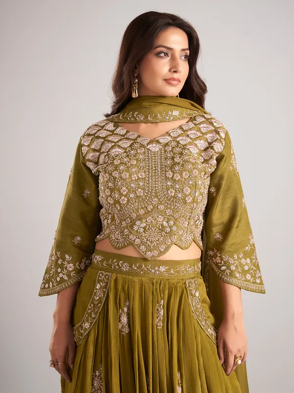 Pastel olive silk pakistani lehenga choli with dupatta