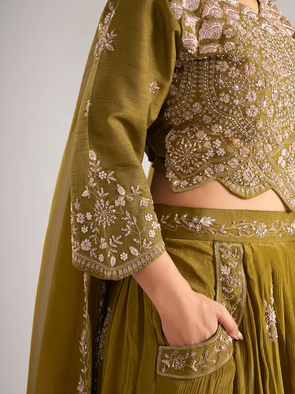 Pastel olive silk pakistani lehenga choli with dupatta