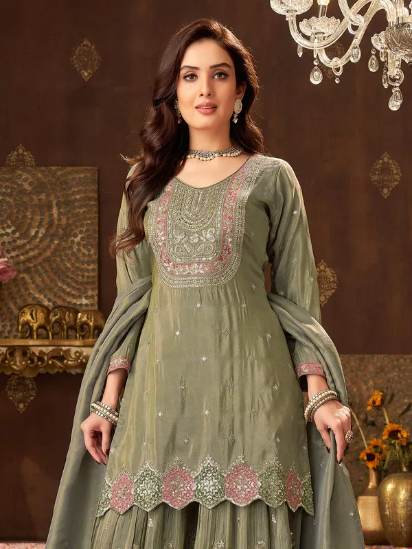 Pastel olive silk pakistani sharara suit