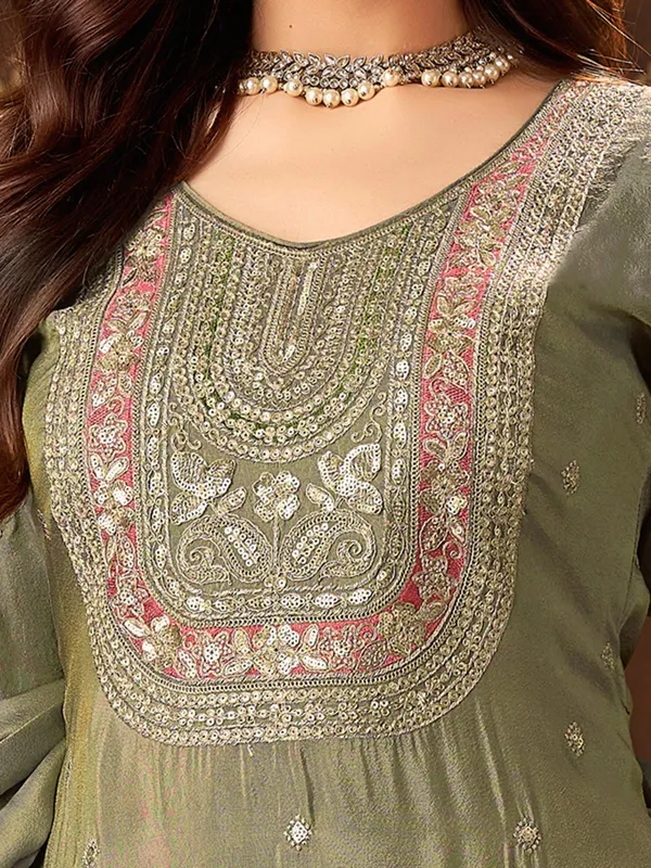 Pastel olive silk pakistani sharara suit
