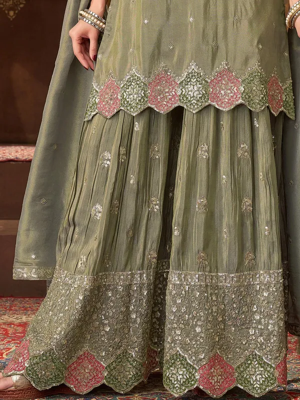 Pastel olive silk pakistani sharara suit