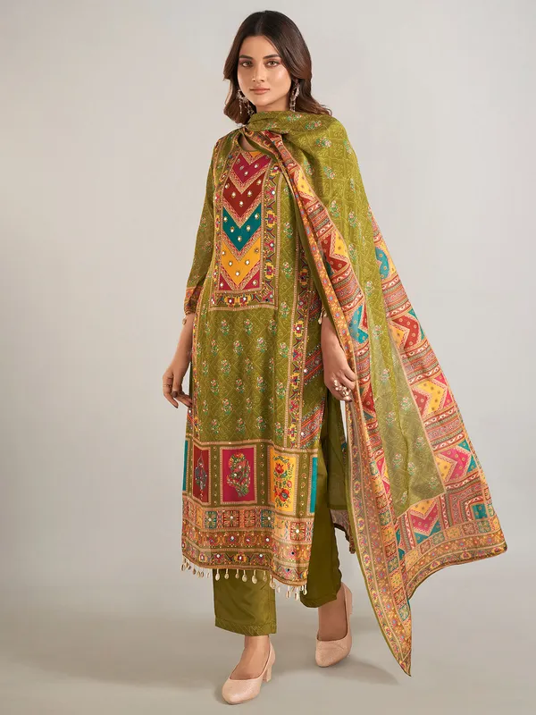 Pastel olive silk salwar suit with dupatta