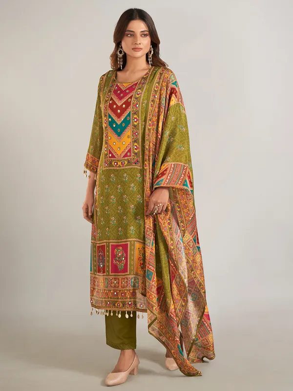 Pastel olive silk salwar suit with dupatta