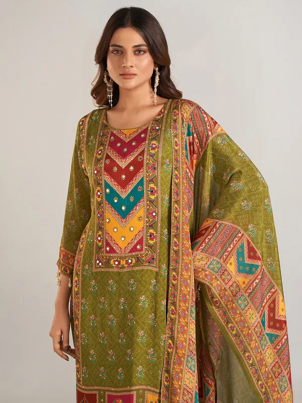 Pastel olive silk salwar suit with dupatta