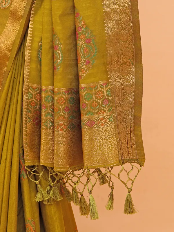 Pastel olive silk saree for festive wear