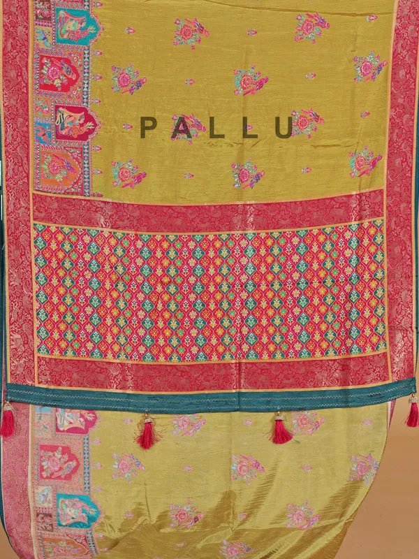 Pastel olive silk saree with zari weaving