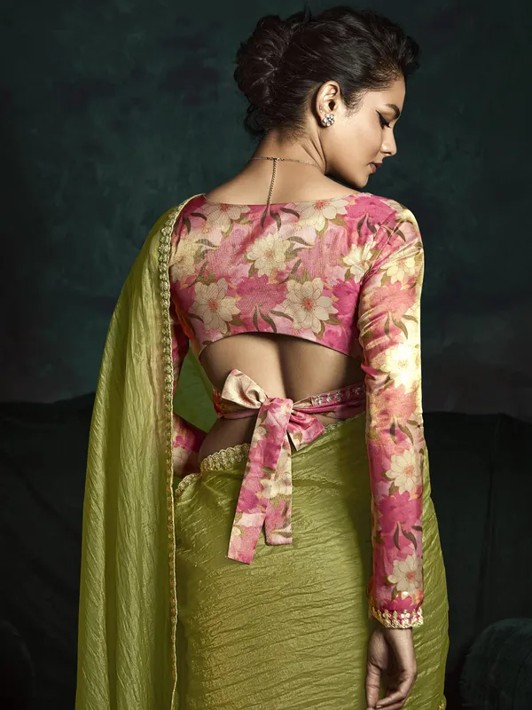 Pastel olive tissue silk saree for wedding