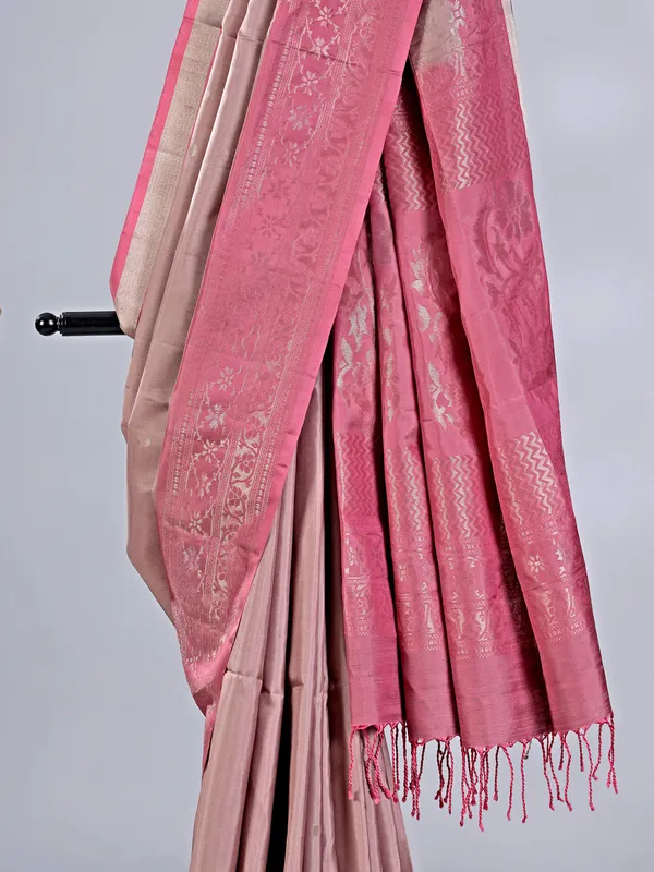 Pastel onion pink banglori silk saree with zari weaving