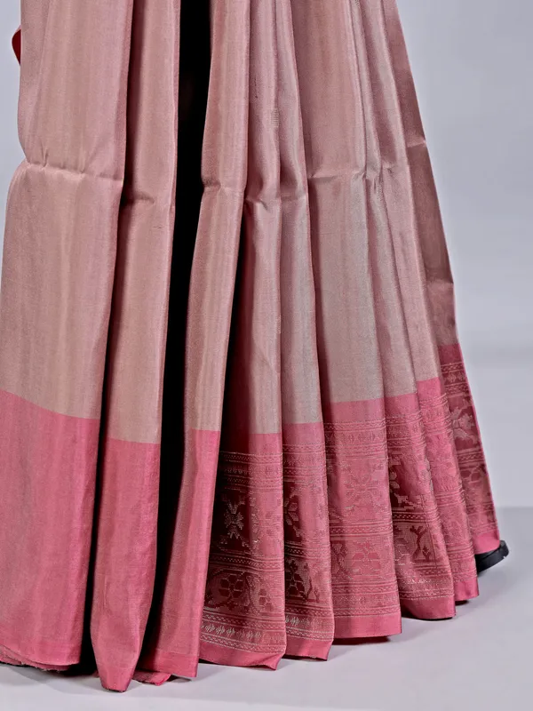Pastel onion pink banglori silk saree with zari weaving