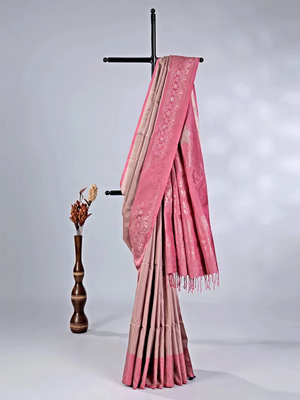Pastel onion pink banglori silk saree with zari weaving