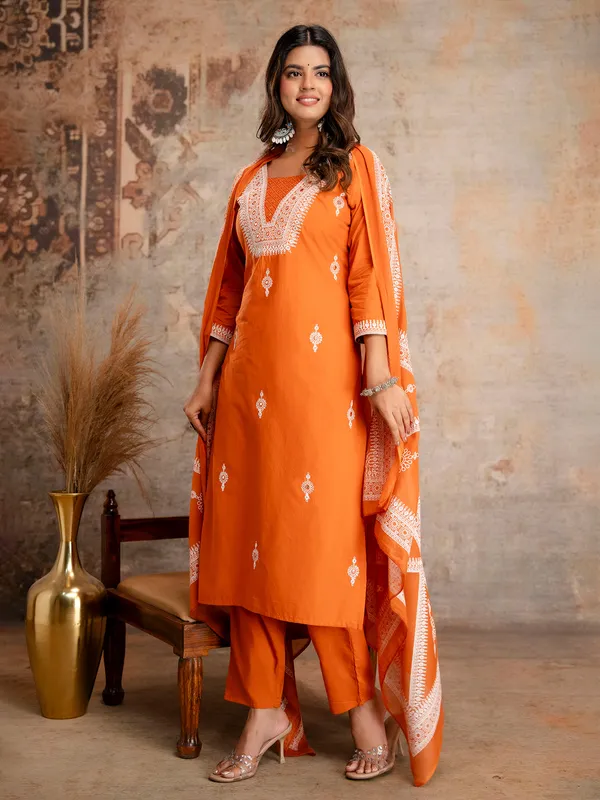 Pastel orange cotton slk kurti set