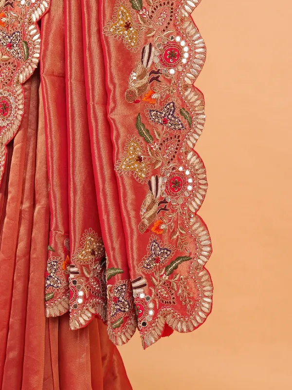 Pastel orange shimmer tissue silk wedding wear saree