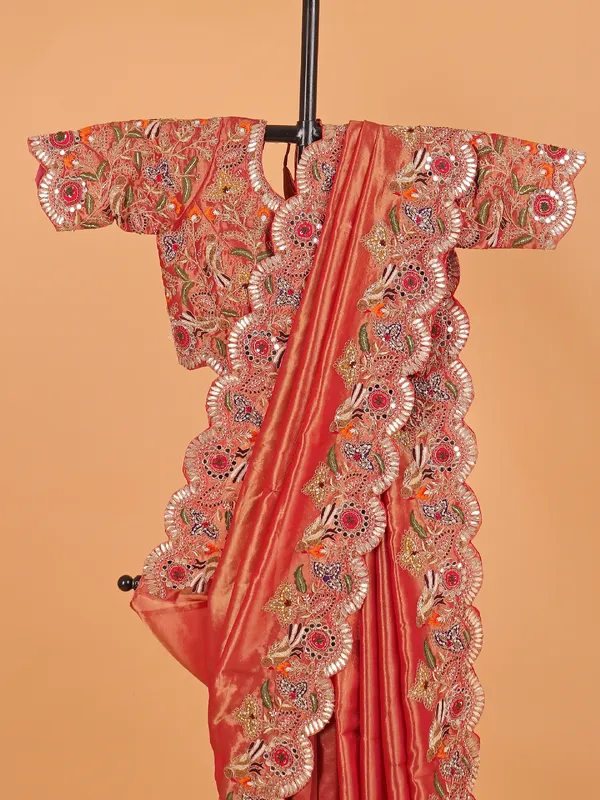 Pastel orange shimmer tissue silk wedding wear saree