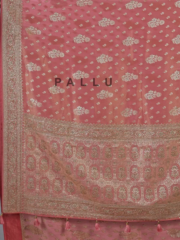 Pastel peach dola silk unstitched saree with festive detailing