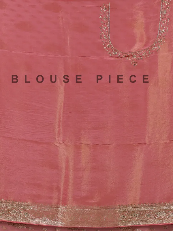 Pastel peach dola silk unstitched saree with festive detailing