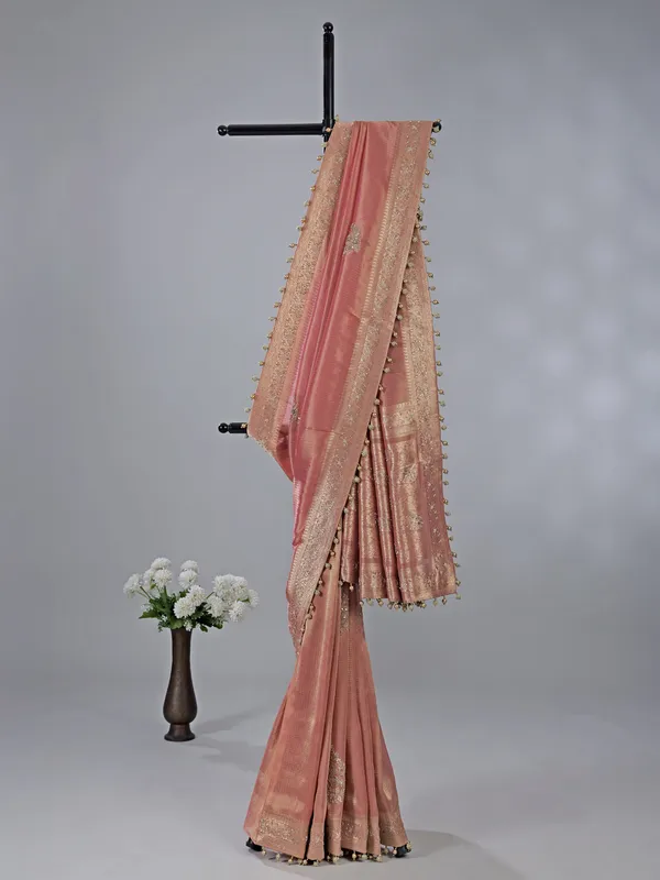 Pastel peach dola tissue silk saree with zardosi shine