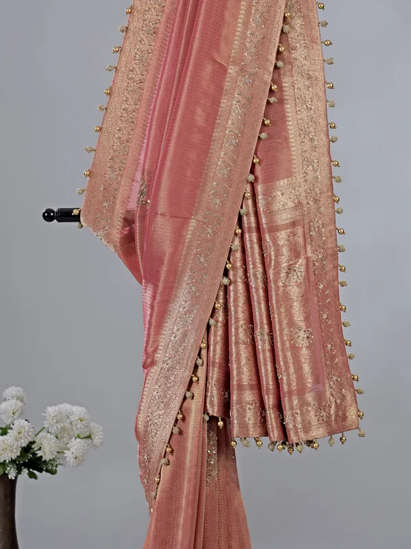 Pastel peach dola tissue silk saree with zardosi shine