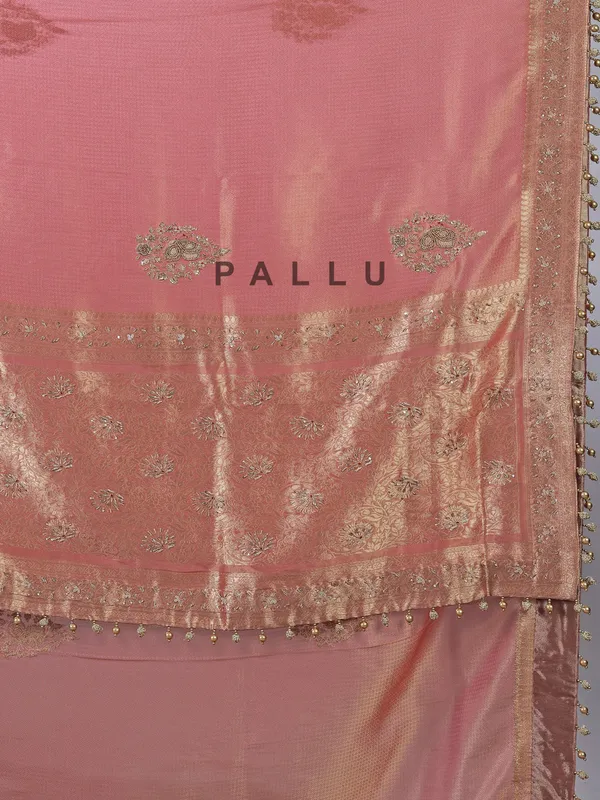 Pastel peach dola tissue silk saree with zardosi shine
