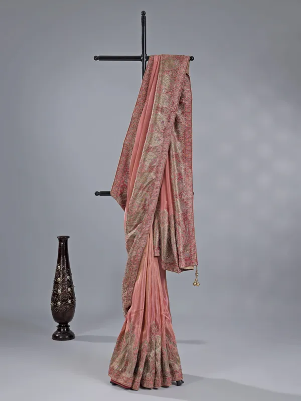 Pastel peach pashmina silk saree for weddings
