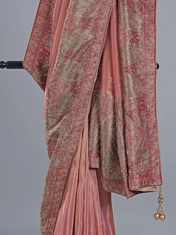 Pastel peach pashmina silk saree for weddings