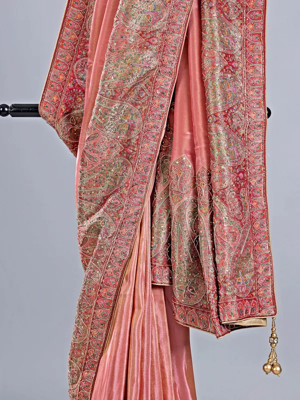 Pastel peach pashmina silk saree for weddings