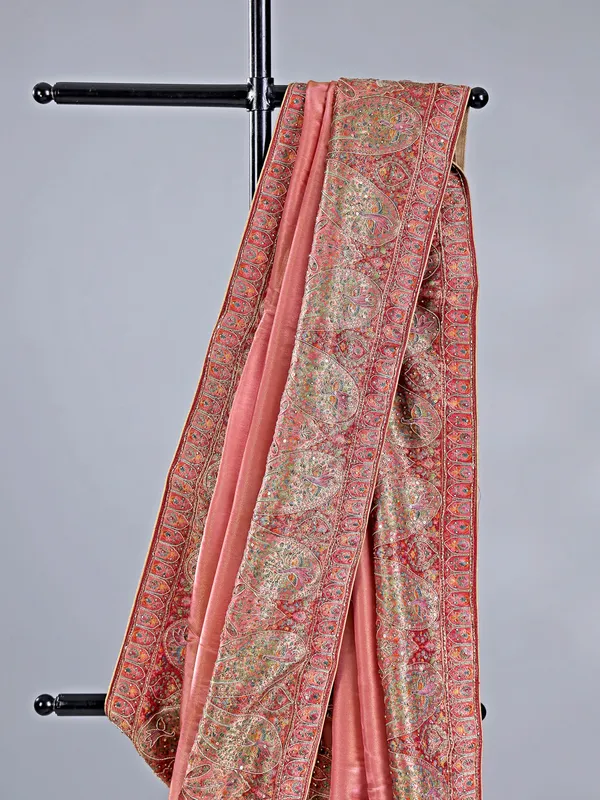 Pastel peach pashmina silk saree for weddings