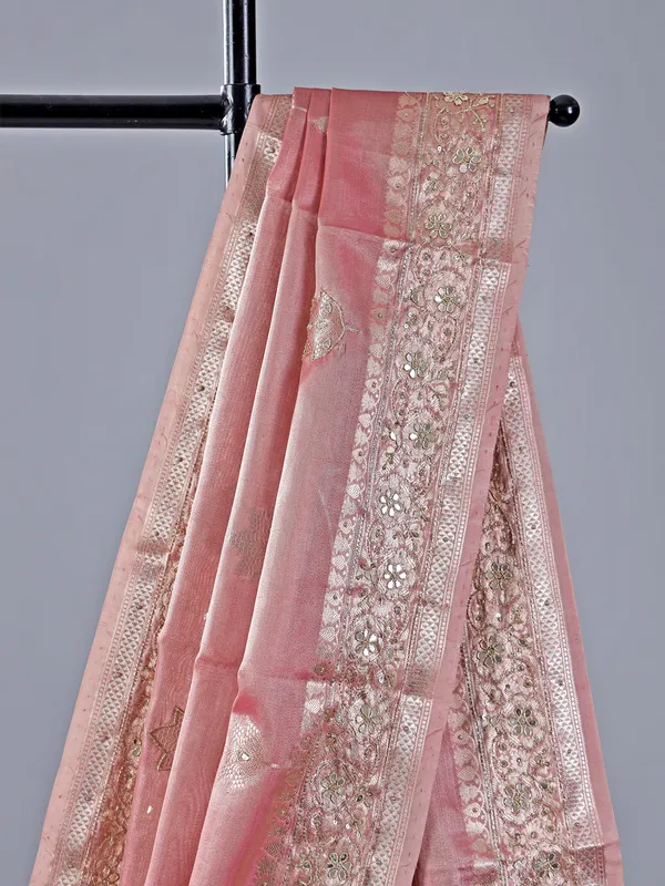 Pastel peach saree with cutdana and sequin detailing